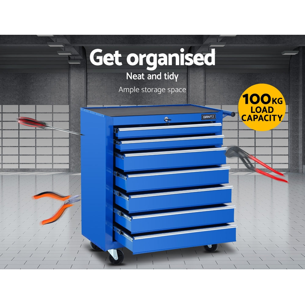 Tool Chest and Trolley Box Cabinet 7 Drawers Cart Garage Storage Blue - image4