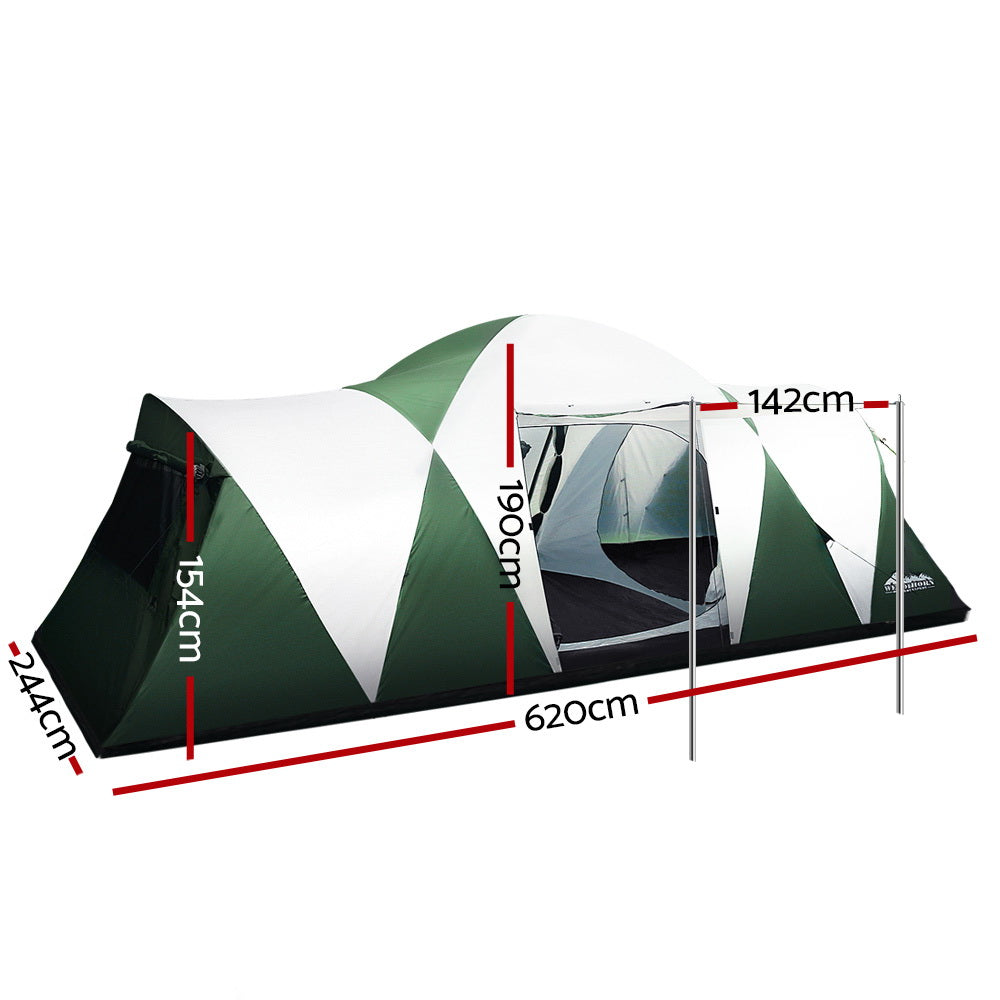 Family Camping Tent 12 Person Hiking Beach Tents (3 Rooms) Green - image2