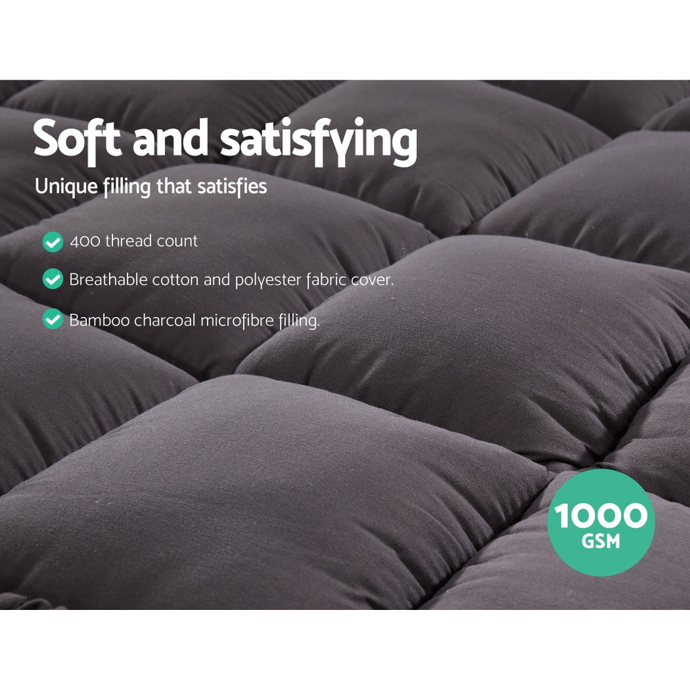 Single Mattress Topper Pillowtop 1000GSM Charcoal Microfibre Bamboo Fibre Filling Protector - image5