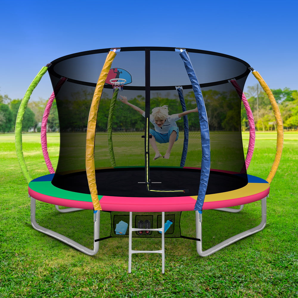 10FT Trampoline Round Trampolines With Basketball Hoop Kids Present Gift Enclosure Safety Net Pad Outdoor Multi-coloured - image7