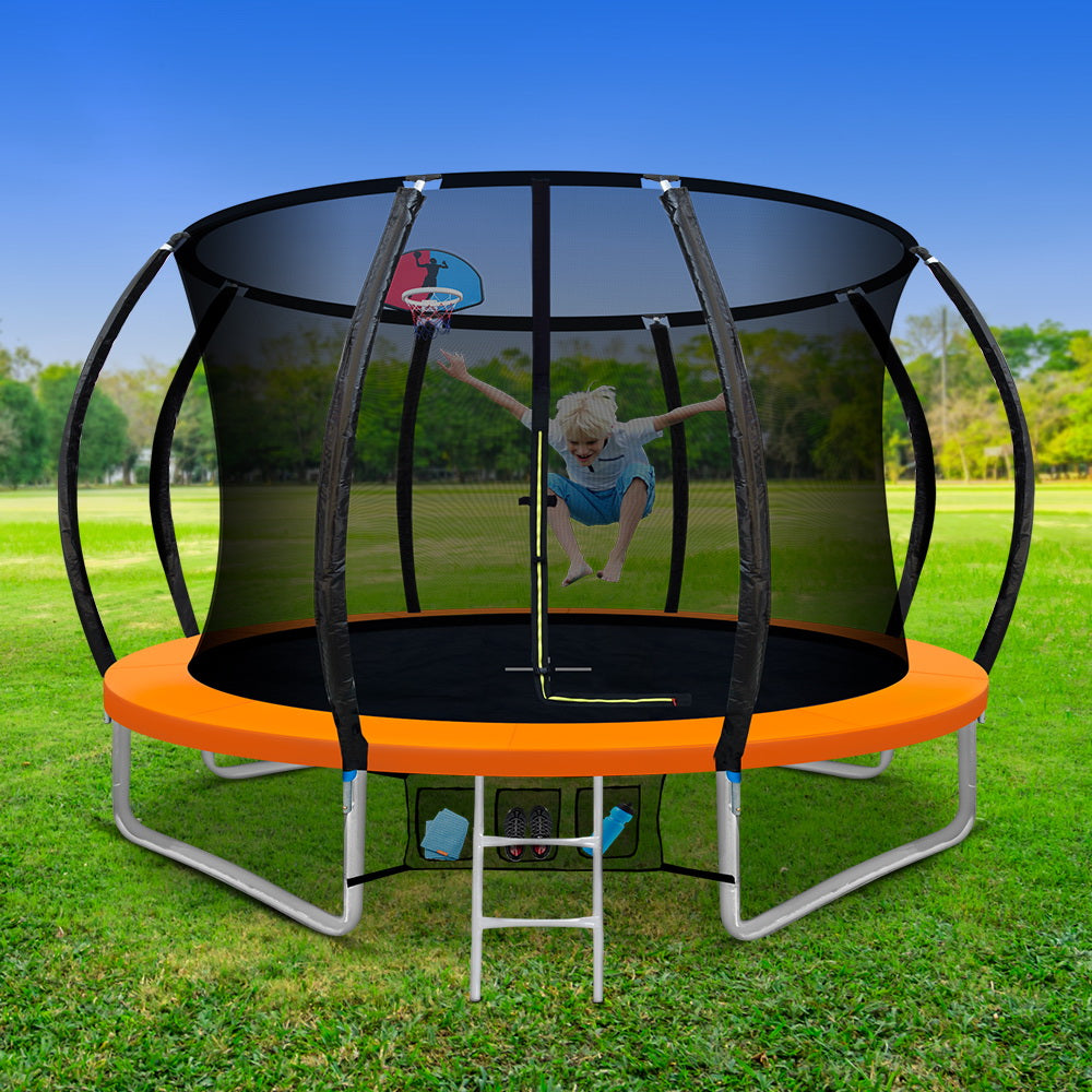 10FT Trampoline Round Trampolines With Basketball Hoop Kids Present Gift Enclosure Safety Net Pad Outdoor Orange - image7