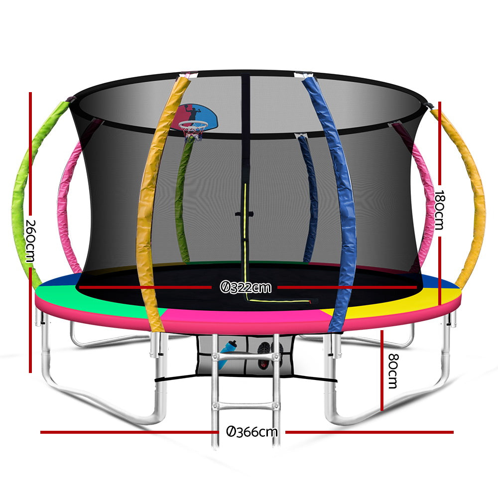 12FT Trampoline Round Trampolines With Basketball Hoop Kids Present Gift Enclosure Safety Net Pad Outdoor Multi-coloured - image2