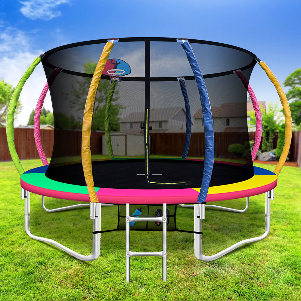 12FT Trampoline Round Trampolines With Basketball Hoop Kids Present Gift Enclosure Safety Net Pad Outdoor Multi-coloured - image7