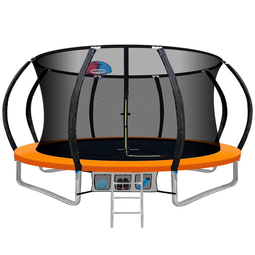 12FT Trampoline Round Trampolines With Basketball Hoop Kids Present Gift Enclosure Safety Net Pad Outdoor Orange - image1