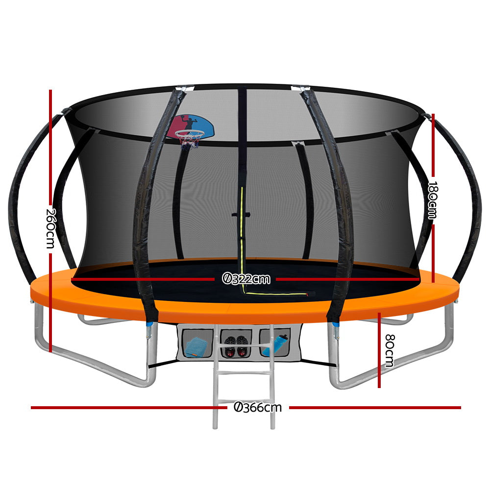 12FT Trampoline Round Trampolines With Basketball Hoop Kids Present Gift Enclosure Safety Net Pad Outdoor Orange - image2