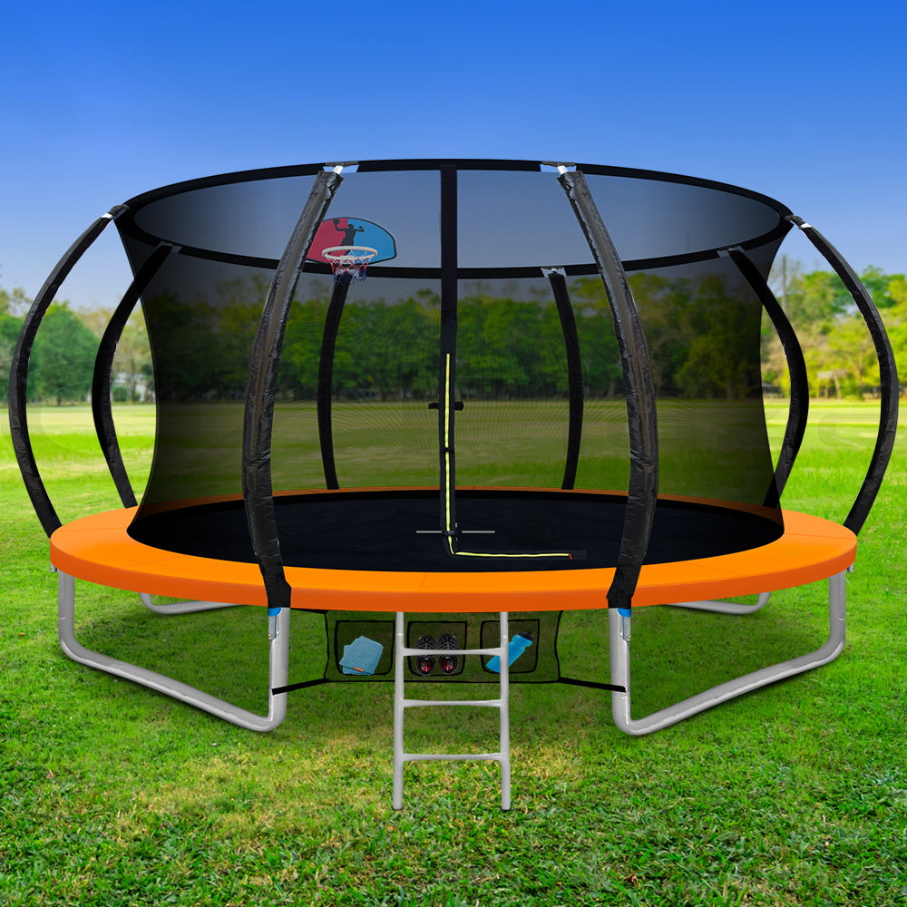 12FT Trampoline Round Trampolines With Basketball Hoop Kids Present Gift Enclosure Safety Net Pad Outdoor Orange - image7