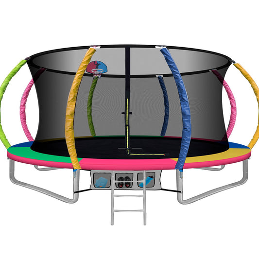 14FT Trampoline Round Trampolines With Basketball Hoop Kids Present Gift Enclosure Safety Net Pad Outdoor Multi-coloured - image1