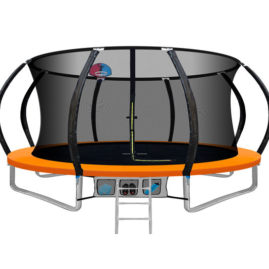 14FT Trampoline Round Trampolines With Basketball Hoop Kids Present Gift Enclosure Safety Net Pad Outdoor Orange - image1