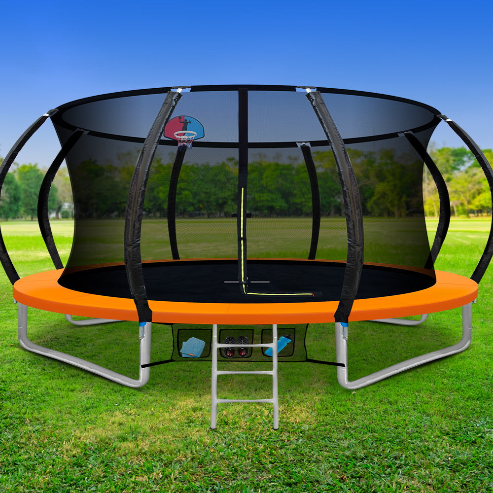 14FT Trampoline Round Trampolines With Basketball Hoop Kids Present Gift Enclosure Safety Net Pad Outdoor Orange - image7