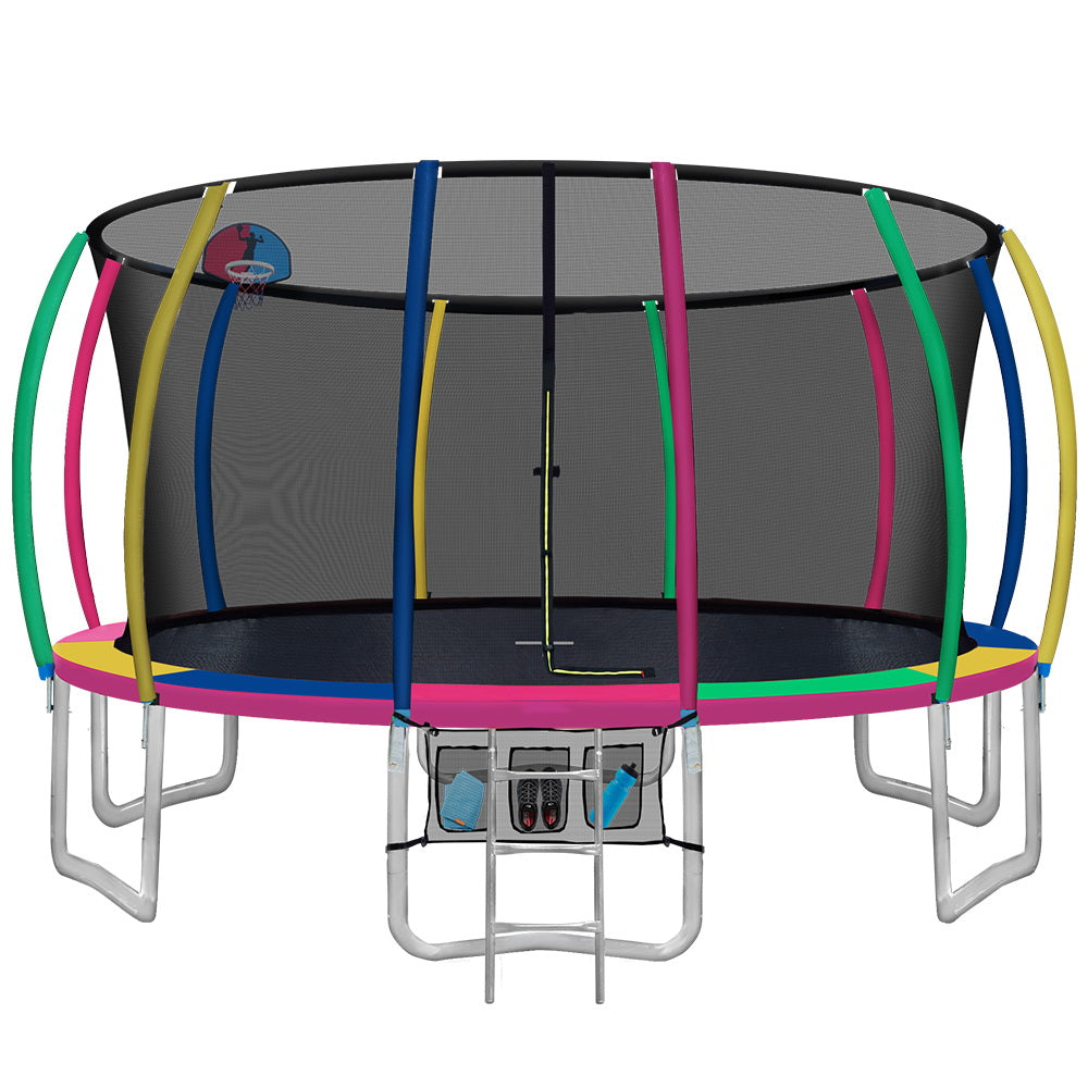 16FT Trampoline Round Trampolines With Basketball Hoop Kids Present Gift Enclosure Safety Net Pad Outdoor Multi-coloured - image1