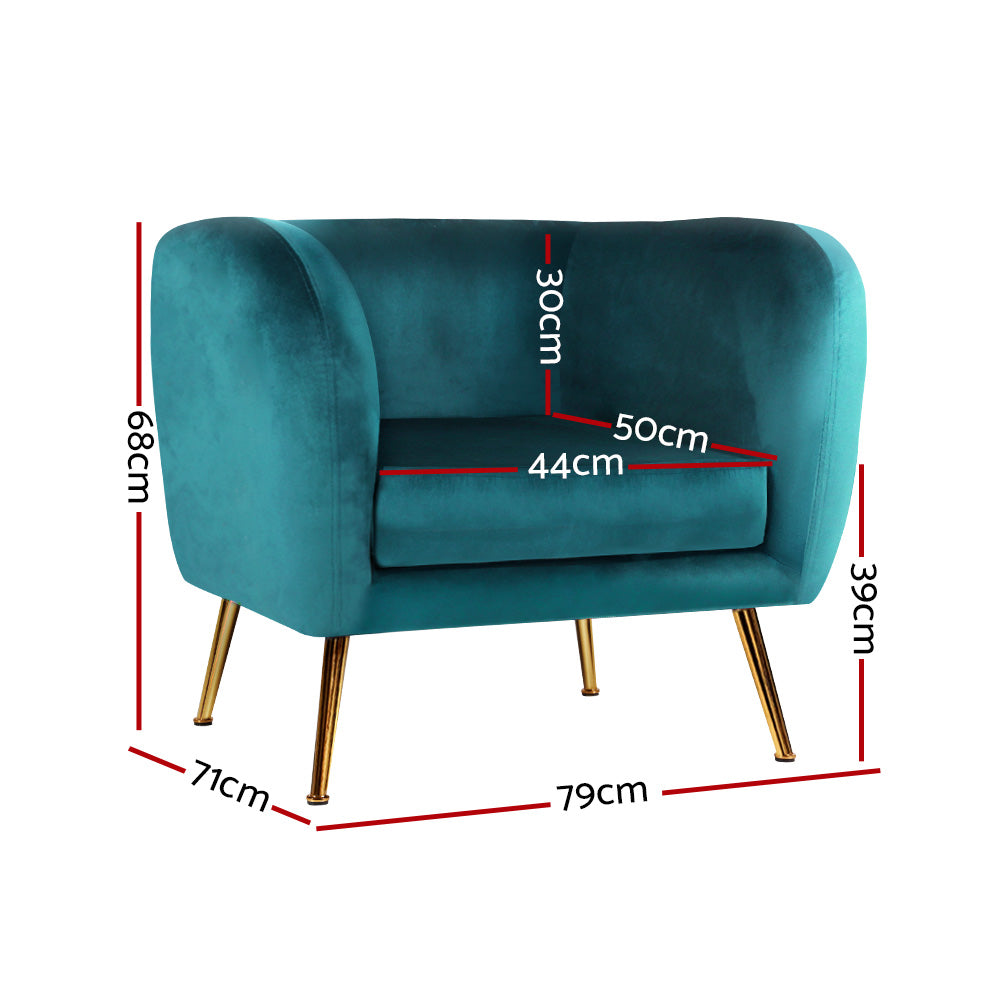 Artiss Armchair Lounge Sofa Arm Chair Accent Chairs Armchairs Couch Velvet Green - image2