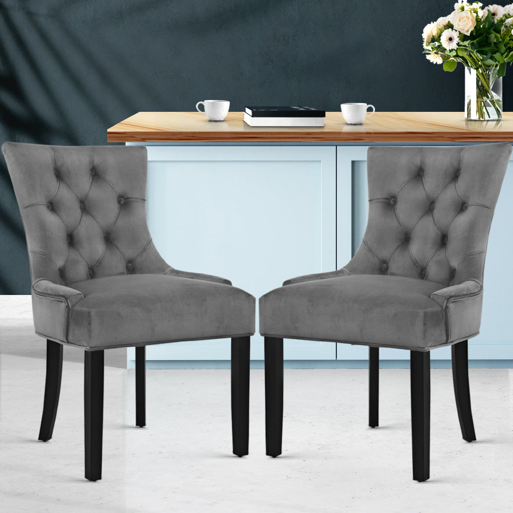 Set of 2 Dining Chairs French Provincial Retro Chair Wooden Velvet Fabric Grey - image8