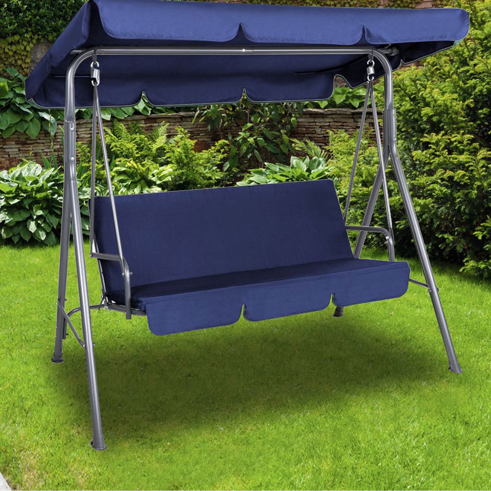 Milano Outdoor Swing Bench Seat Chair Canopy Furniture 3 Seater Garden Hammock - Dark Blue - image3