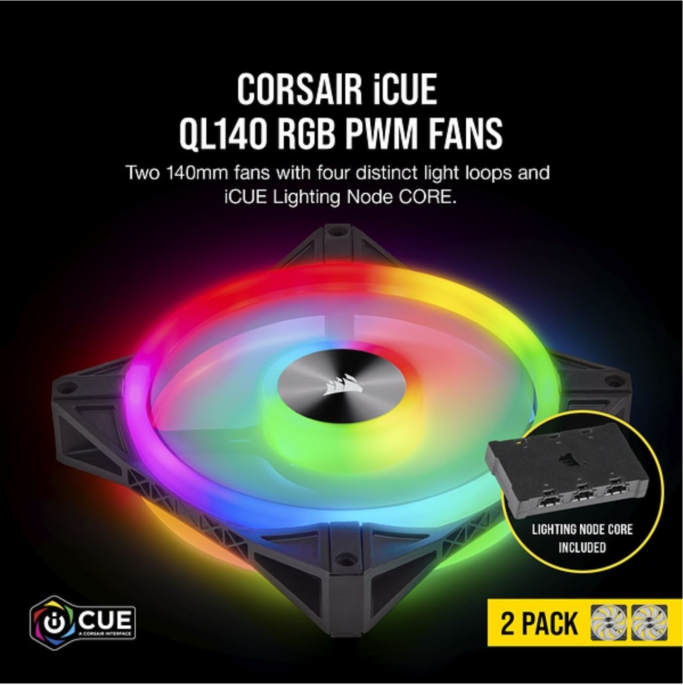 CORSAIR QL140 RGB Dual Fan Kit with Lighting Node Core, ICUE, Anti Vibration, Low-Noise 140 mm Fan Blade, RGB LED PWM Fan 26dBA, 502 CFM, 2 Fan Pack - image3