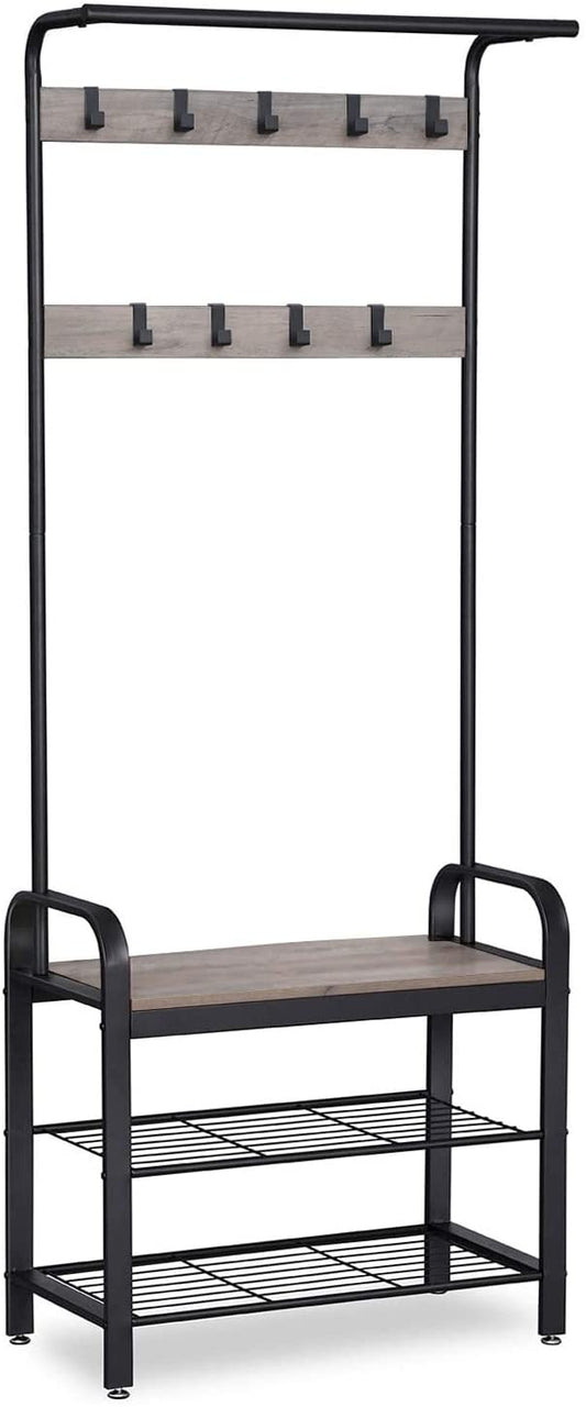 Greige and Black Steel Freestanding Coat Rack Stand with Removable Hooks, Bench and Shoe Rack, Height 183 cm - image1
