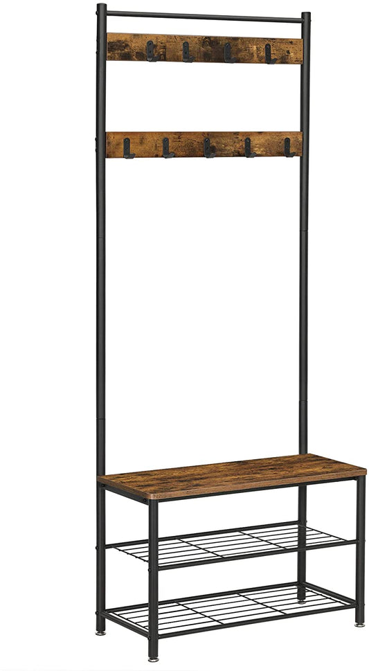 Rustic Brown Coat Rack Stand with Hallway Shoe Rack and Bench with Shelves Matte Metal Frame Height 175 cm - image1