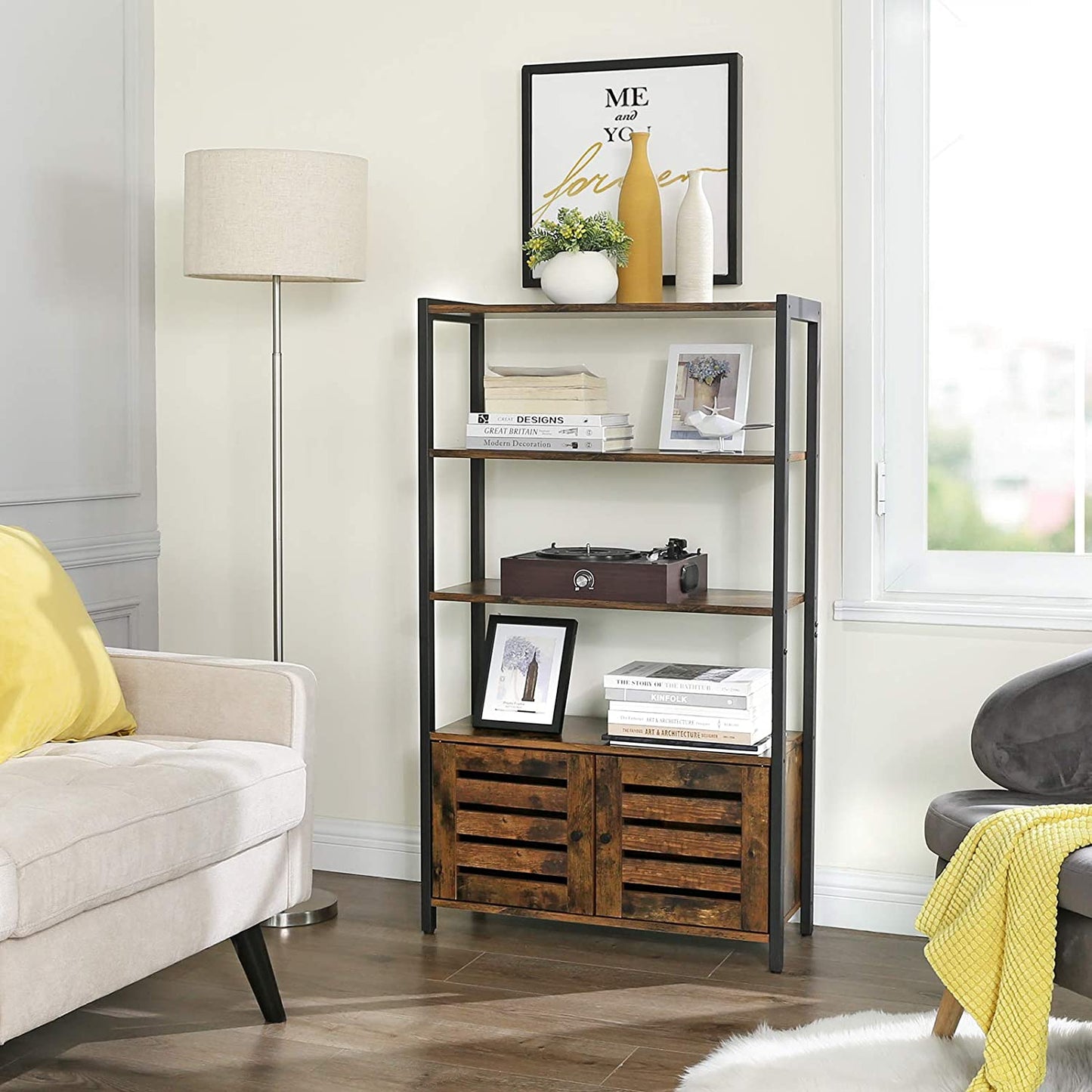Floor-Standing Storage Cabinet and Cupboard with 2 Louvred Doors and 3 Shelves, Rustic Brown - image4