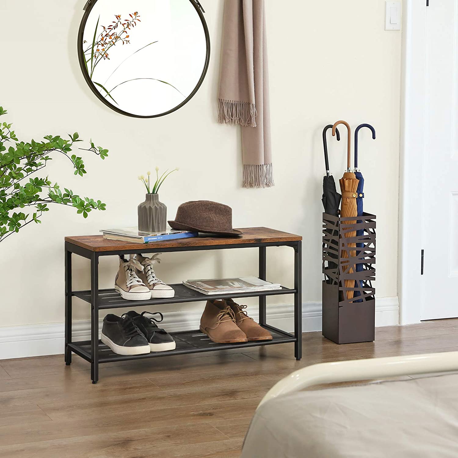 Shoe Rack with 2 Mesh Shelves, Rustic Brown and Black - image2