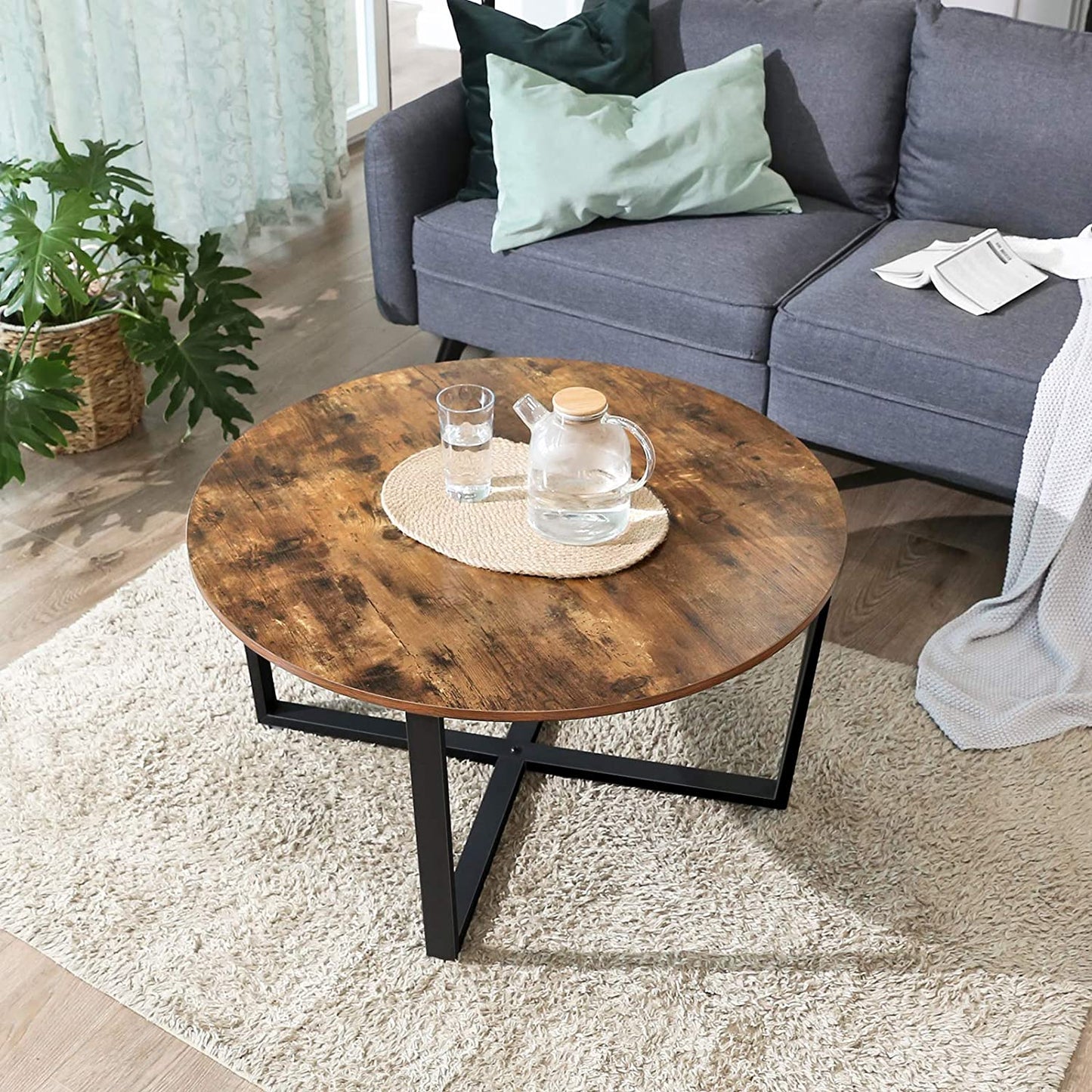 Round Coffee Table Rustic Brown and Black - image2