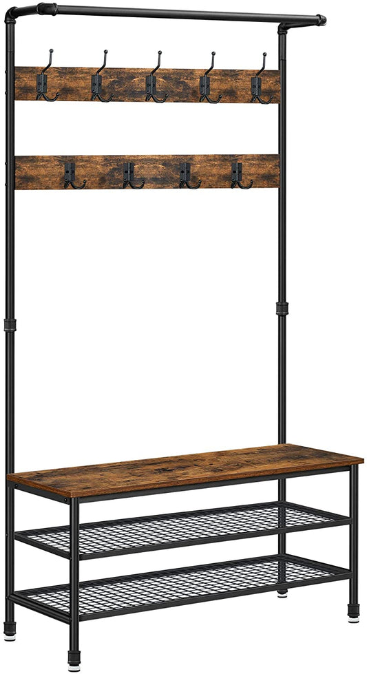 Coat Rack Stand with 9 Hooks and Shoe Rack with Industrial Style Sturdy Steel Frame - image1