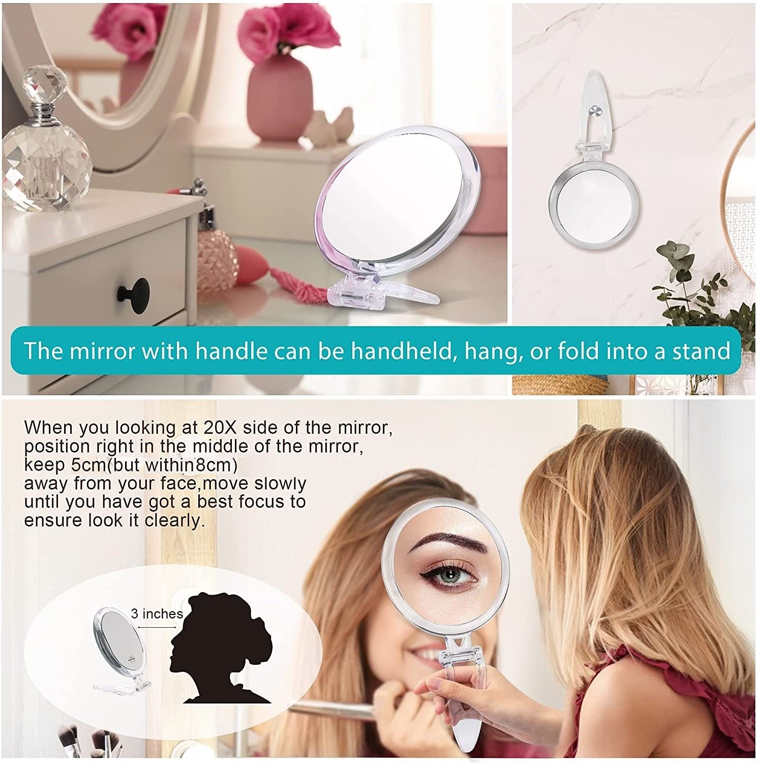20X Magnifying Hand Mirror Two Sided Use for Makeup Application, Tweezing, and Blackhead/Blemish Removal (15 cm) - image6