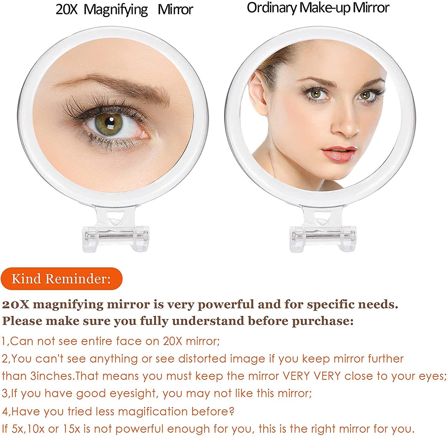 20X Magnifying Hand Mirror Two Sided Use for Makeup Application, Tweezing, and Blackhead/Blemish Removal (15 cm) - image7