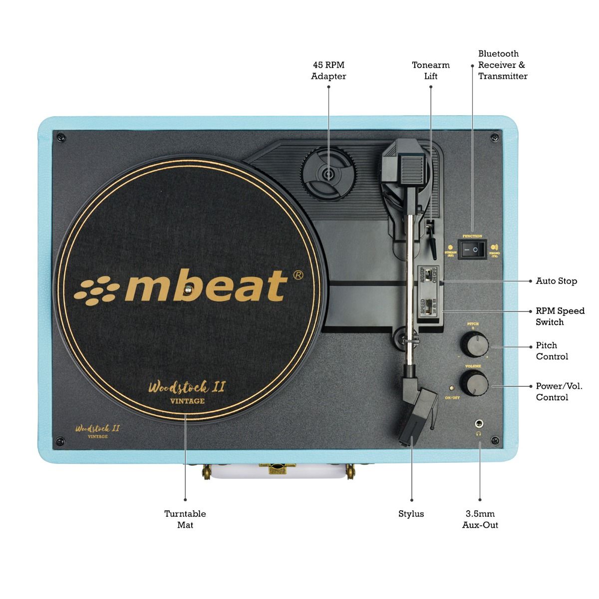 mbeat Woodstock II Sky Blue Retro Bluetooth (TX/RX) Turntable - image2