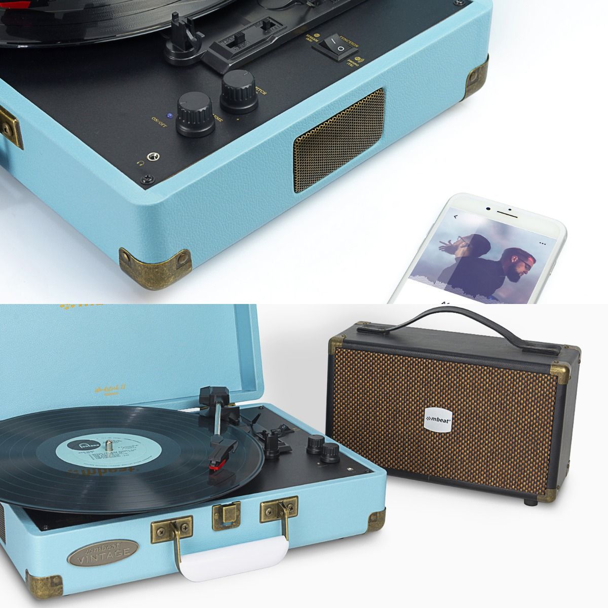 mbeat Woodstock II Sky Blue Retro Bluetooth (TX/RX) Turntable - image4