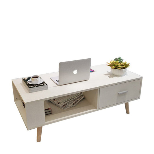 White Coffee Table Storage Drawer & Open Shelf With Wooden Legs - image1