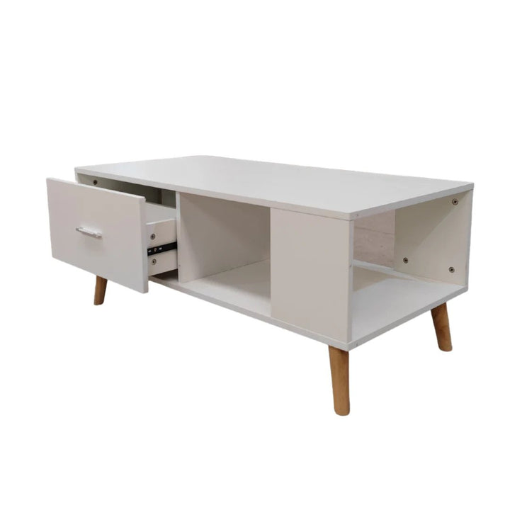 White Coffee Table Storage Drawer & Open Shelf With Wooden Legs - image2