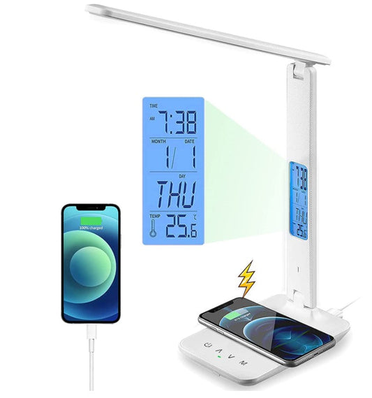 LED Desk Lamp with Fast Wireless Charger Clock Alarm Date Temperature - image1