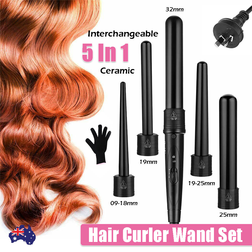 5 in 1 Hair Curler Wand Set Ceramic Styling Curling Iron Roller Barrel LED+Glove - image4