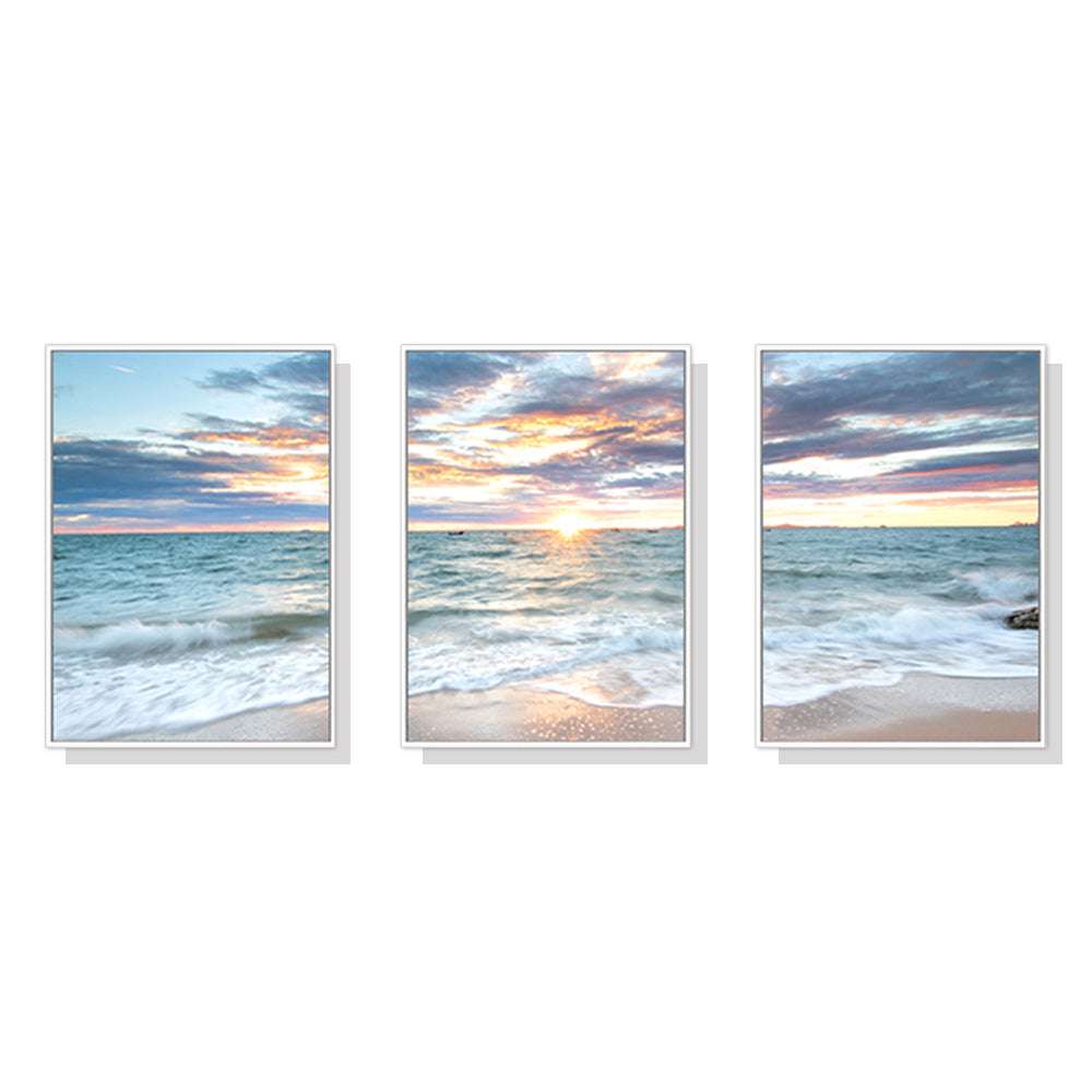 50cmx70cm Sunrise by the ocean 3 Sets White Frame Canvas Wall Art - image1