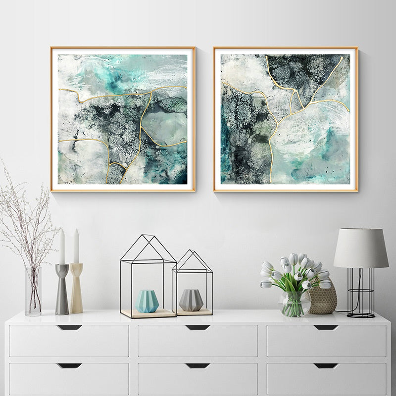 50cmx50cm Marbled Green 2 Sets Gold Frame Canvas Wall Art - image2