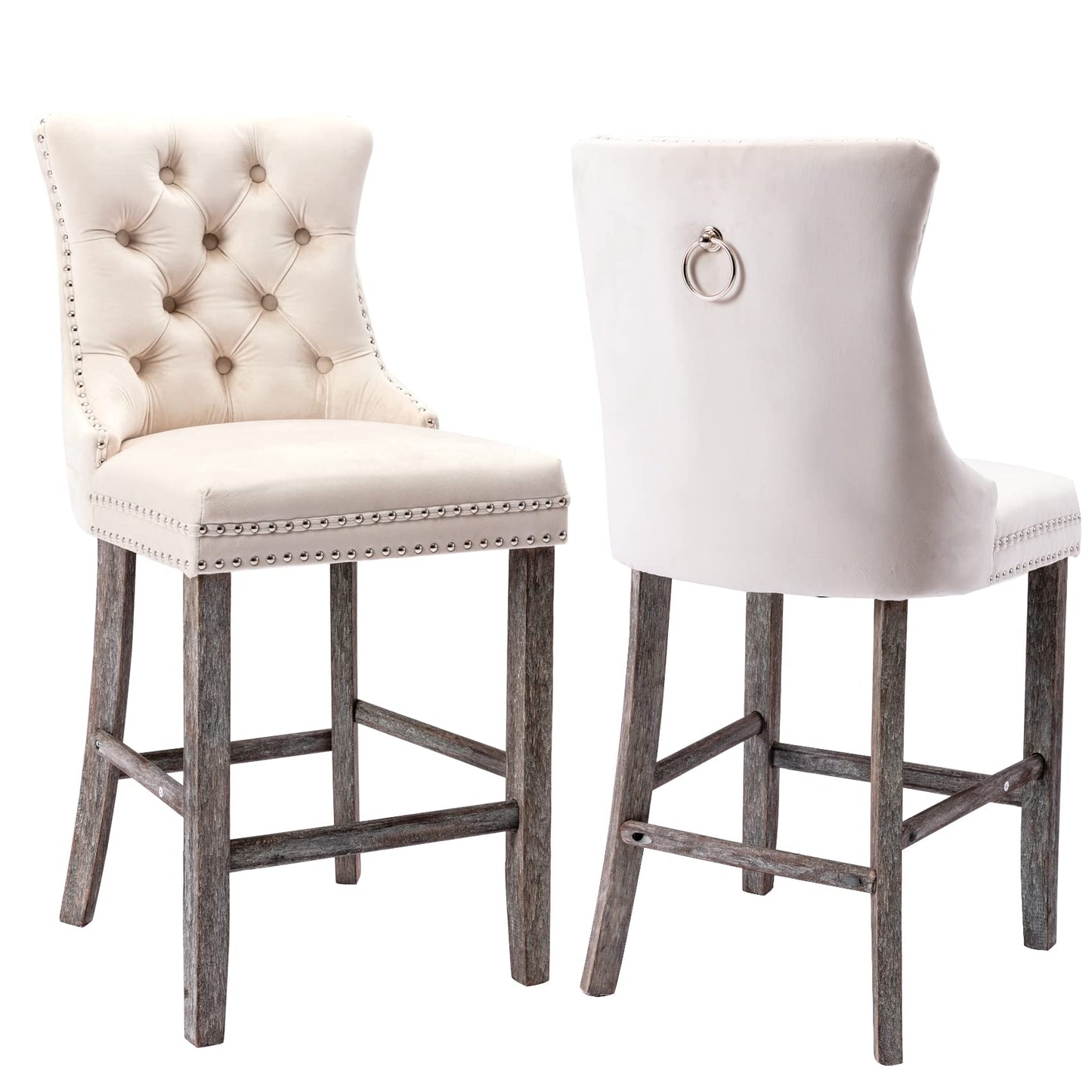 2X Velvet Bar Stools with Studs Trim Wooden Legs Tufted Dining Chairs Kitchen - image20