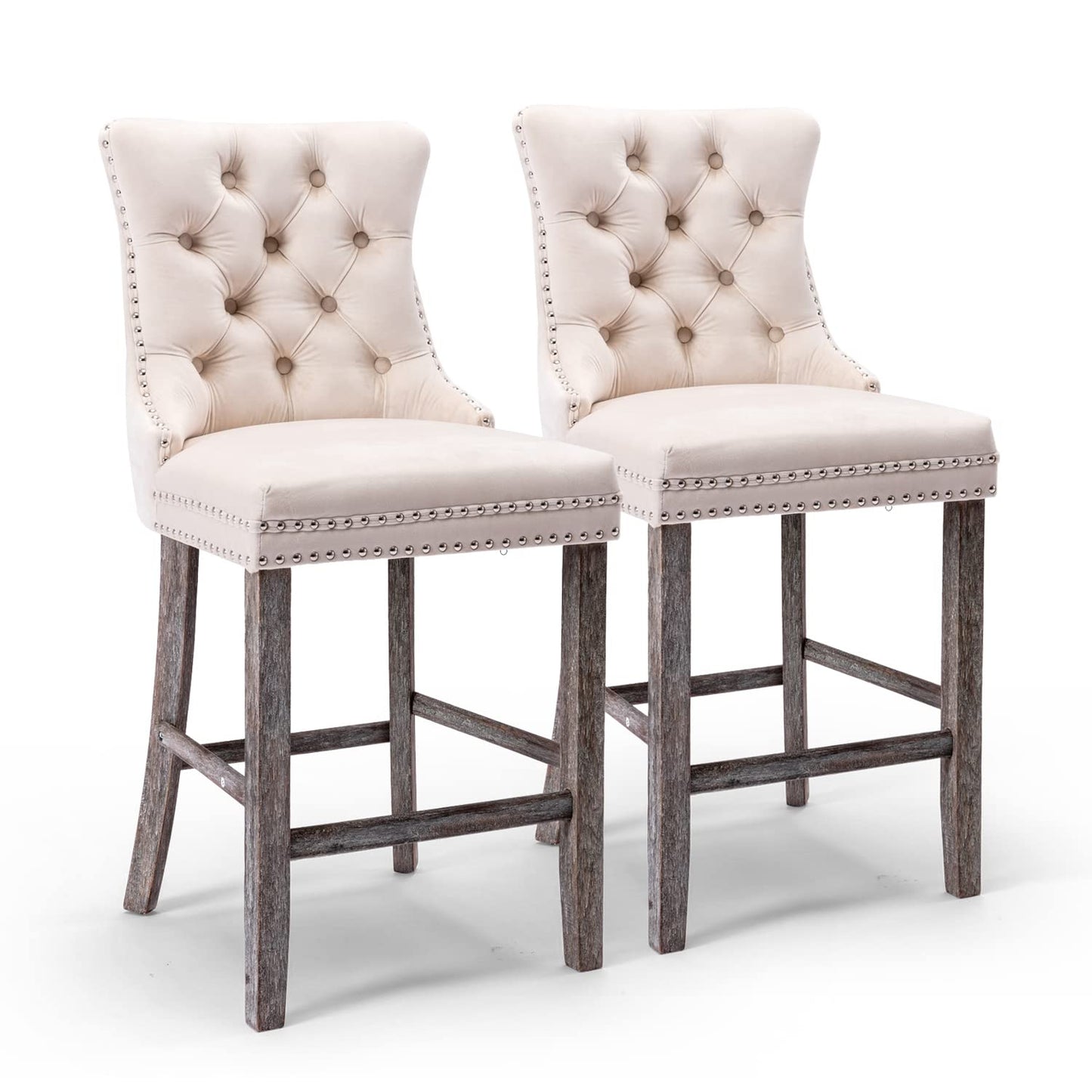 2X Velvet Bar Stools with Studs Trim Wooden Legs Tufted Dining Chairs Kitchen - image11