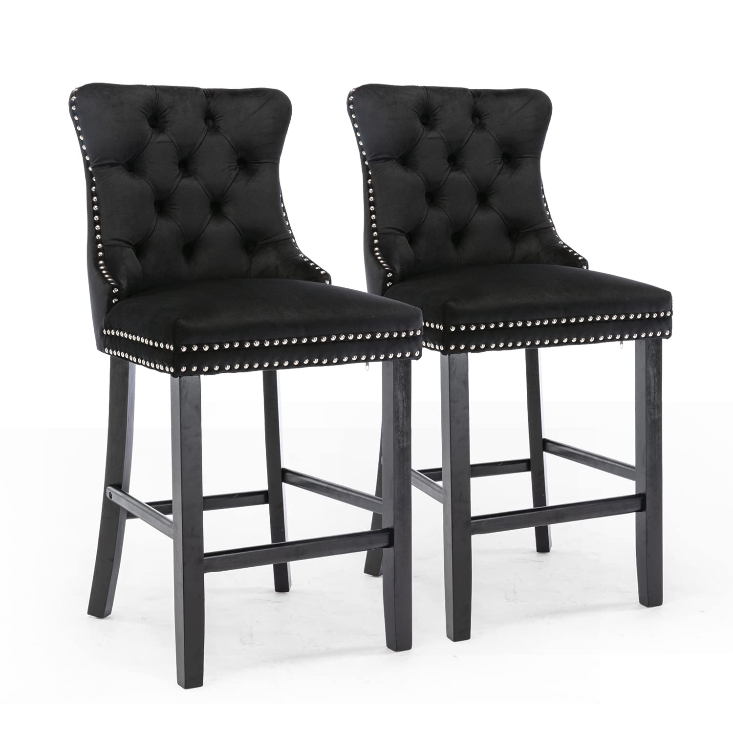 2X Velvet Bar Stools with Studs Trim Wooden Legs Tufted Dining Chairs Kitchen - image7