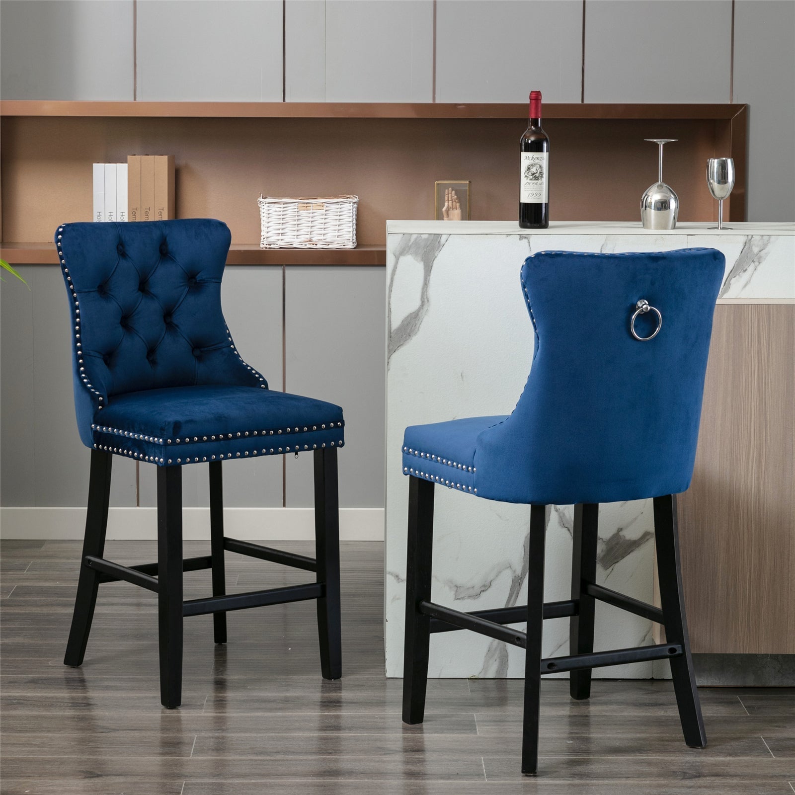 2X Velvet Bar Stools with Studs Trim Wooden Legs Tufted Dining Chairs Kitchen - image1