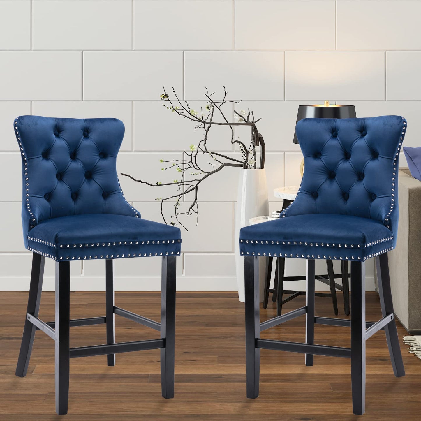 2X Velvet Bar Stools with Studs Trim Wooden Legs Tufted Dining Chairs Kitchen - image23