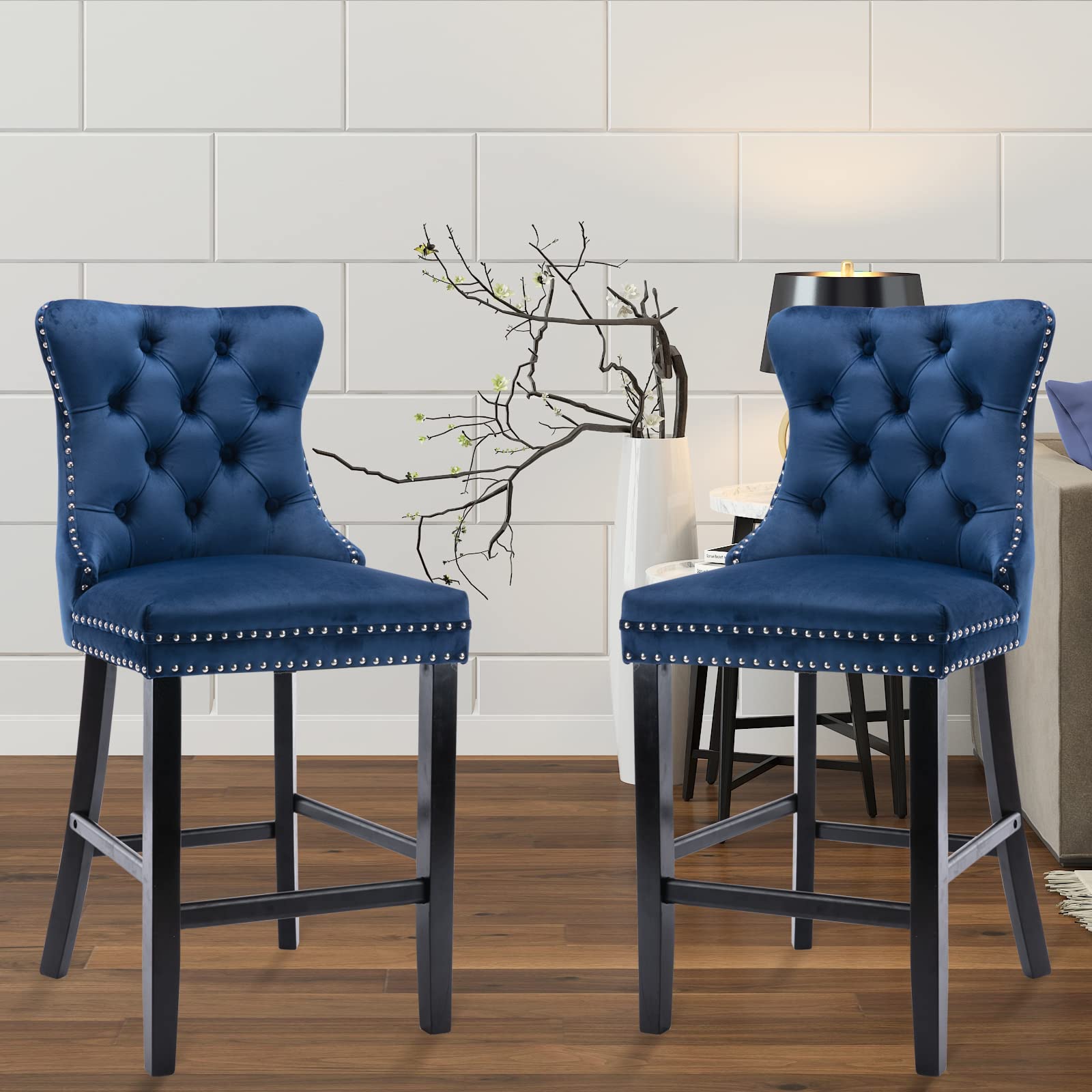 2X Velvet Bar Stools with Studs Trim Wooden Legs Tufted Dining Chairs Kitchen - image23