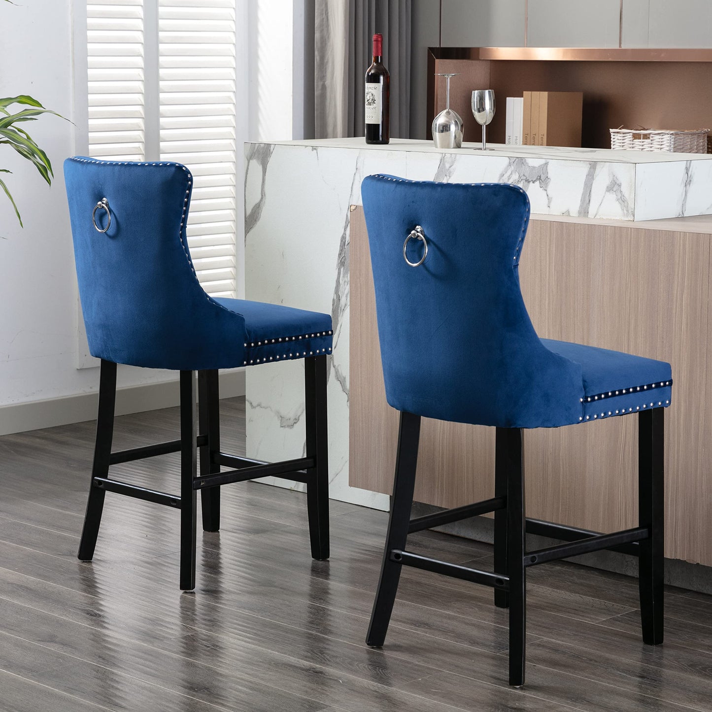 2X Velvet Bar Stools with Studs Trim Wooden Legs Tufted Dining Chairs Kitchen - image22