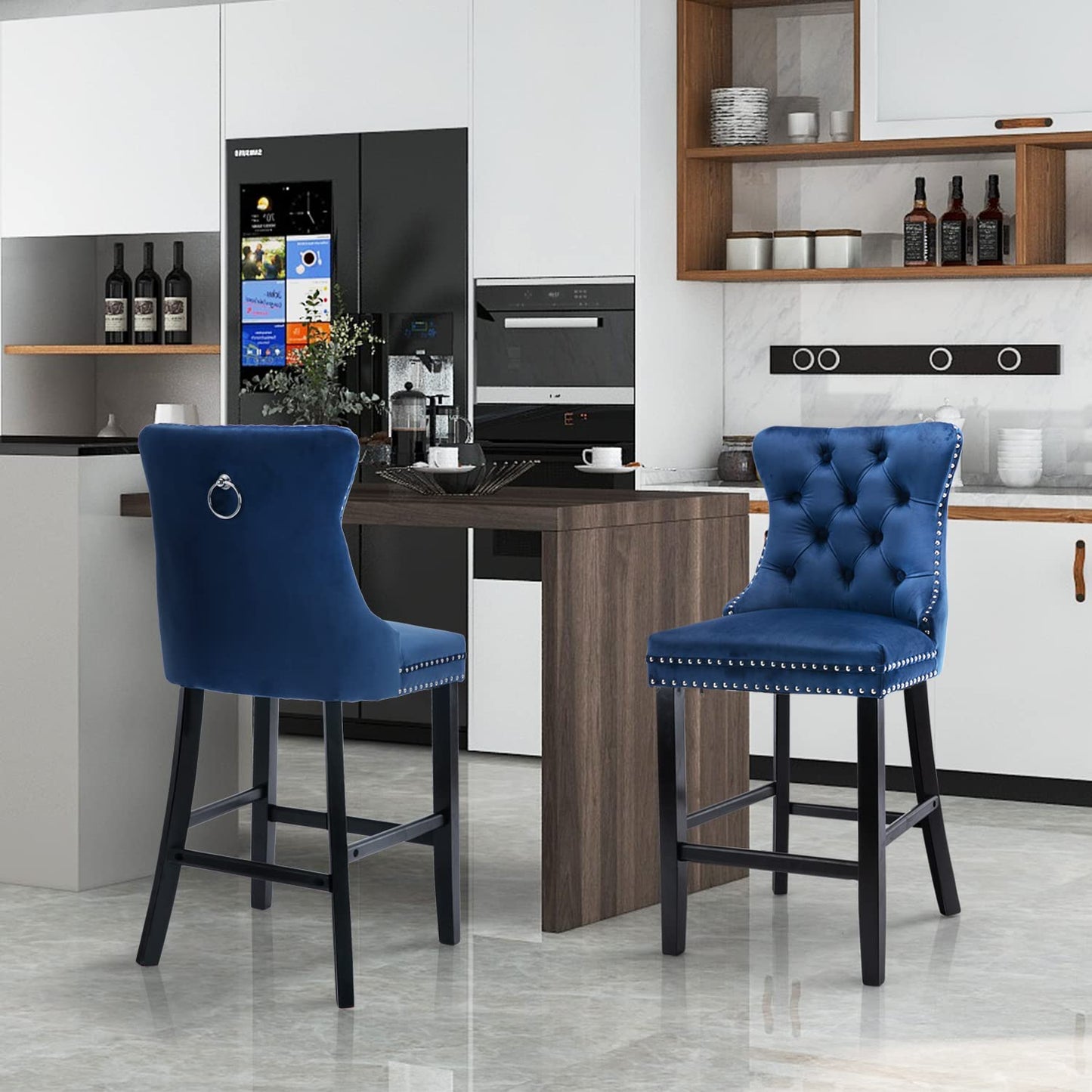 2X Velvet Bar Stools with Studs Trim Wooden Legs Tufted Dining Chairs Kitchen - image19