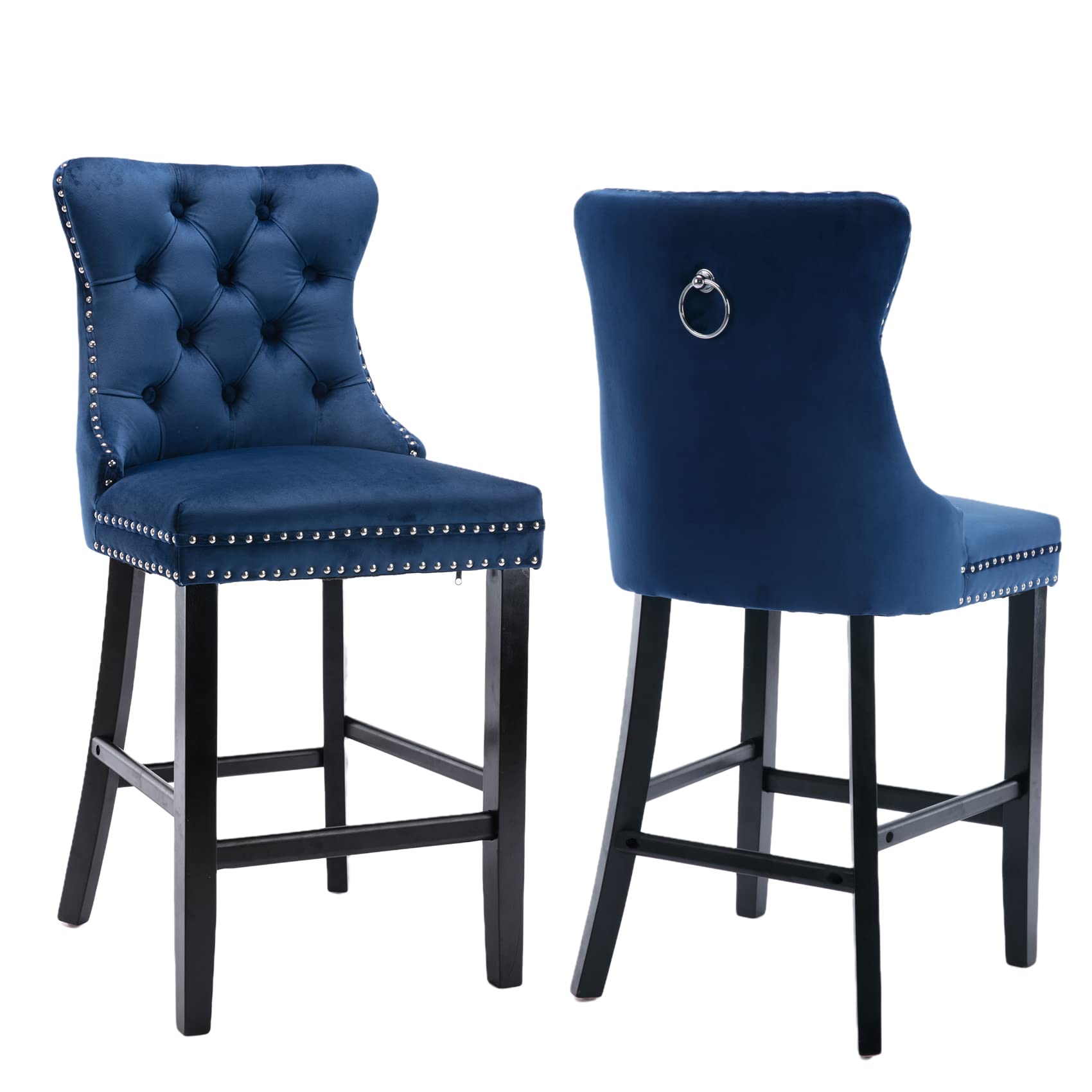 2X Velvet Bar Stools with Studs Trim Wooden Legs Tufted Dining Chairs Kitchen - image18