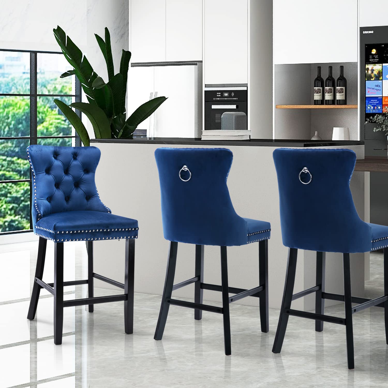 2X Velvet Bar Stools with Studs Trim Wooden Legs Tufted Dining Chairs Kitchen - image12
