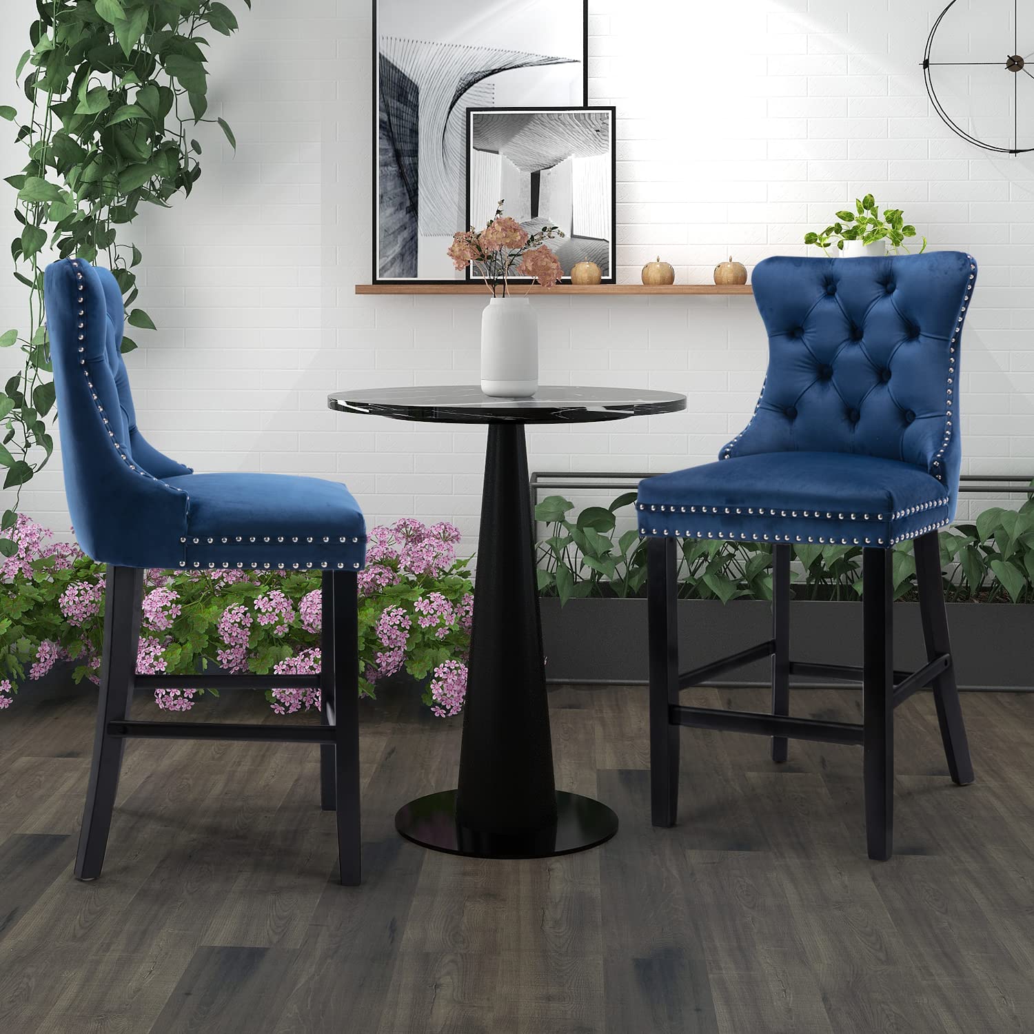 2X Velvet Bar Stools with Studs Trim Wooden Legs Tufted Dining Chairs Kitchen - image10