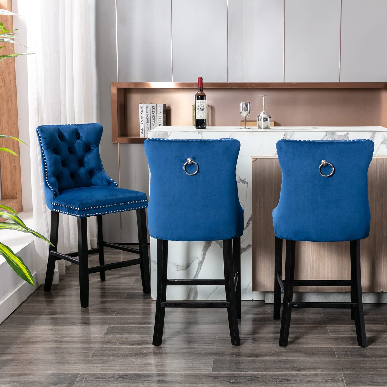 2X Velvet Bar Stools with Studs Trim Wooden Legs Tufted Dining Chairs Kitchen - image8