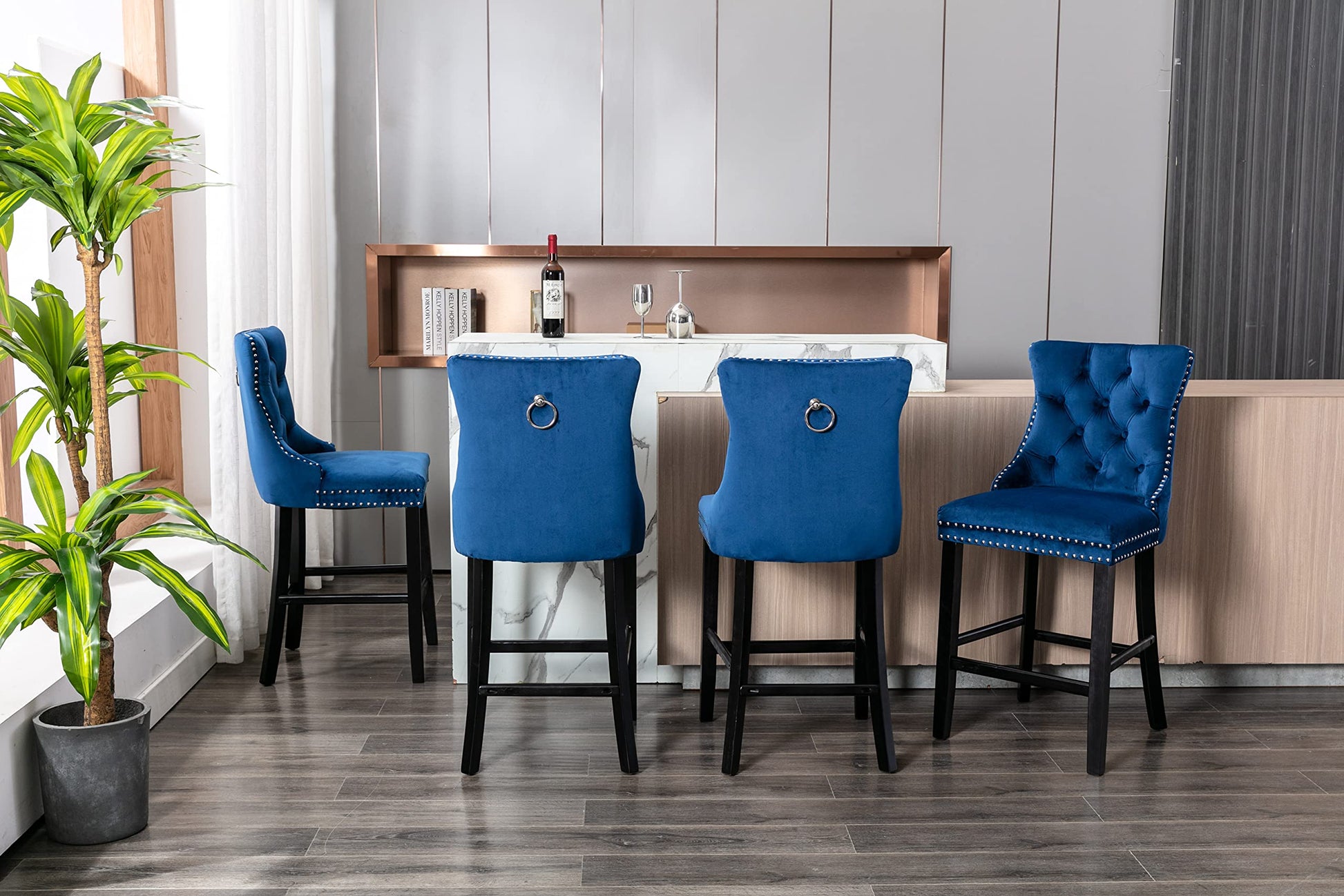 2X Velvet Bar Stools with Studs Trim Wooden Legs Tufted Dining Chairs Kitchen - image6