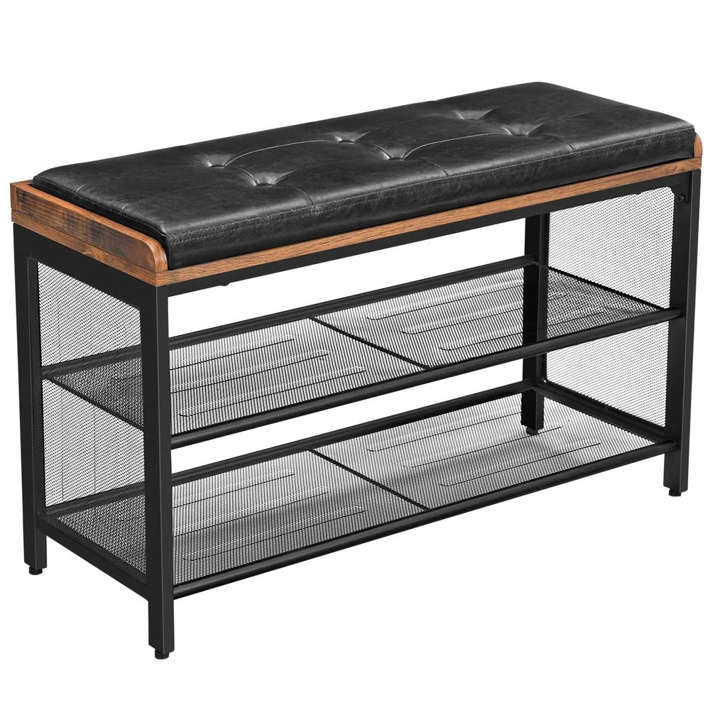 VASAGLE Shoe Bench Padded Bench with Mesh Shelf Shoe Rack Brown Black LBS75X - image1