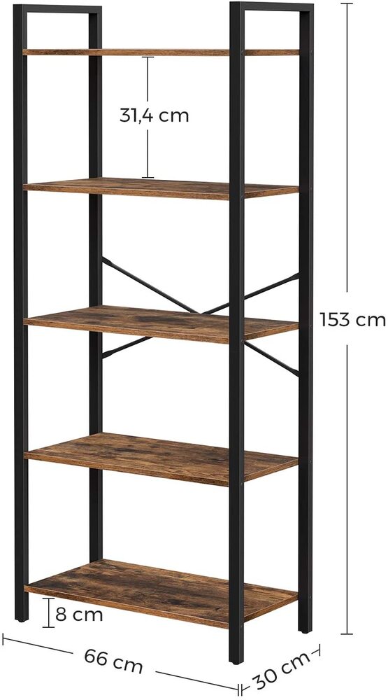 VASAGLE 5-Tier Storage Rack Bookshelf with Steel Frame Rustic Brown and Black LLS061B01 - image2