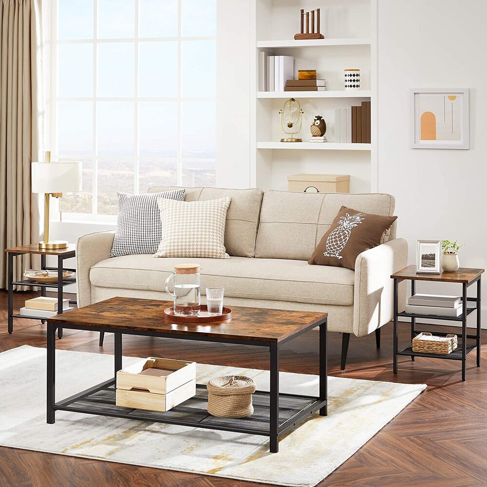 VASAGLE Coffee Table Living Room Table with Dense Mesh Shelf Large Storage Space Tea Table Easy Assembly Stable Industrial Design Rustic Brown LCT64X - image3